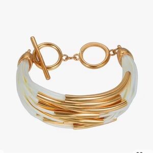 EXPRESS LEATHER ROPE WRAPPED WITH 12 GOLD BARS BRACELET; WHITE & GOLD NWOT